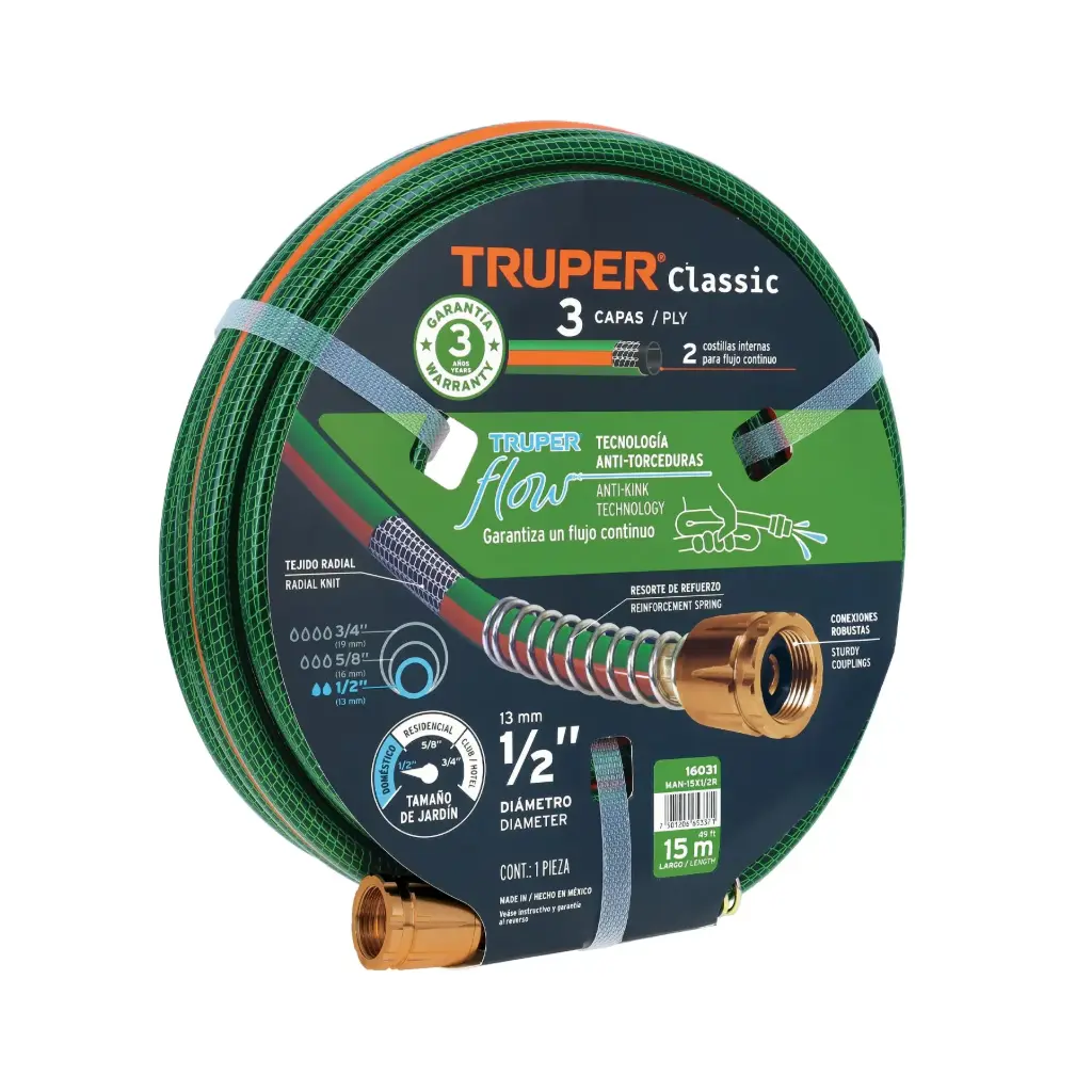 MANGUERA 1/2" REFORZADA 3 CAPAS CONEX. METAL 15M