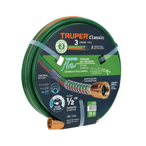 [16031T] MANGUERA 1/2" REFORZADA 3 CAPAS CONEX. METAL 15M